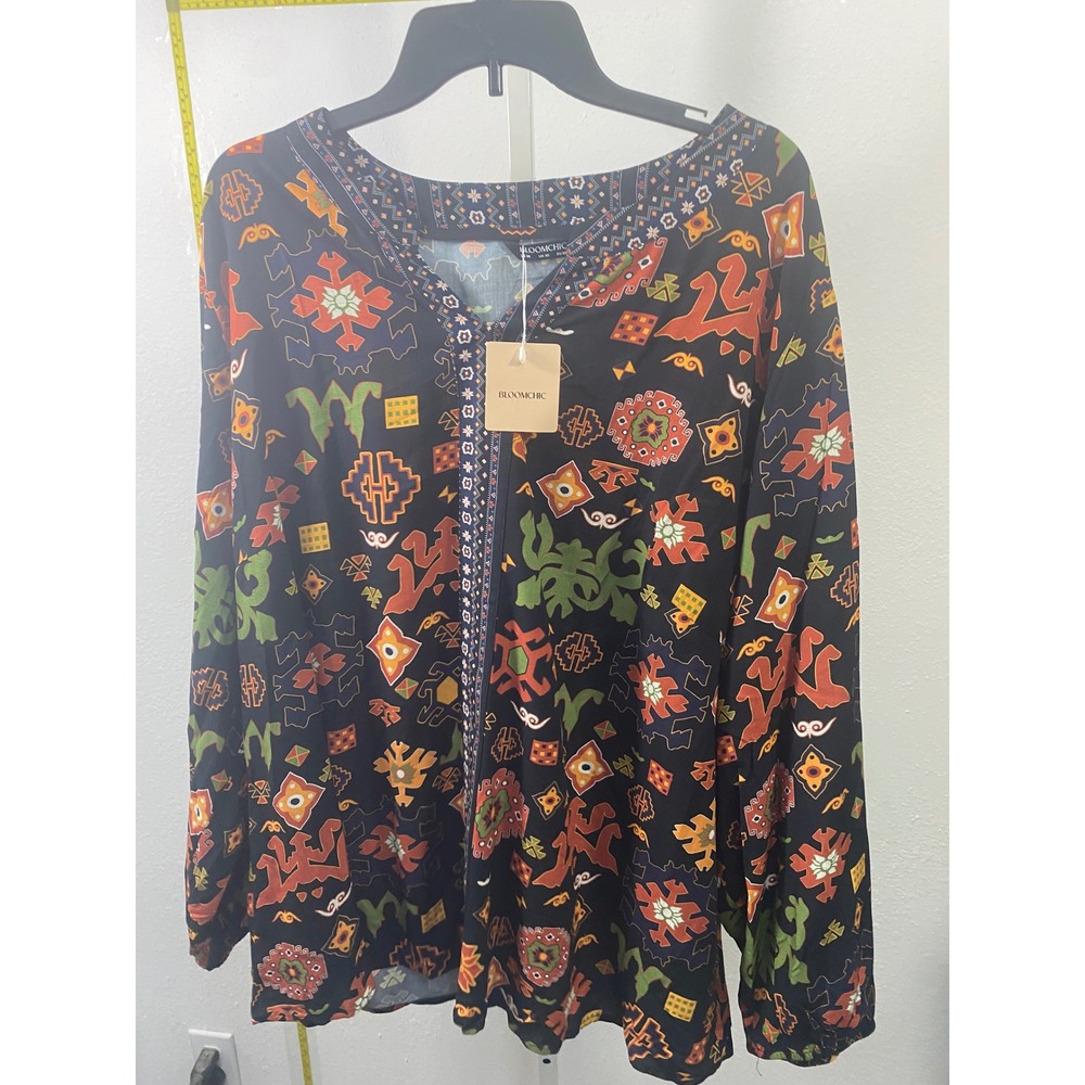 Bloomchic Womens Plus Size 26 Boho Geometric Print V Neck Long Sleeve Blouse NEW